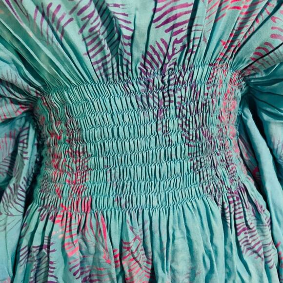 Colorful Smocked Maxi Dress Blue Purple Pink Palm Tropical Womens One Size - Picture 3 of 5